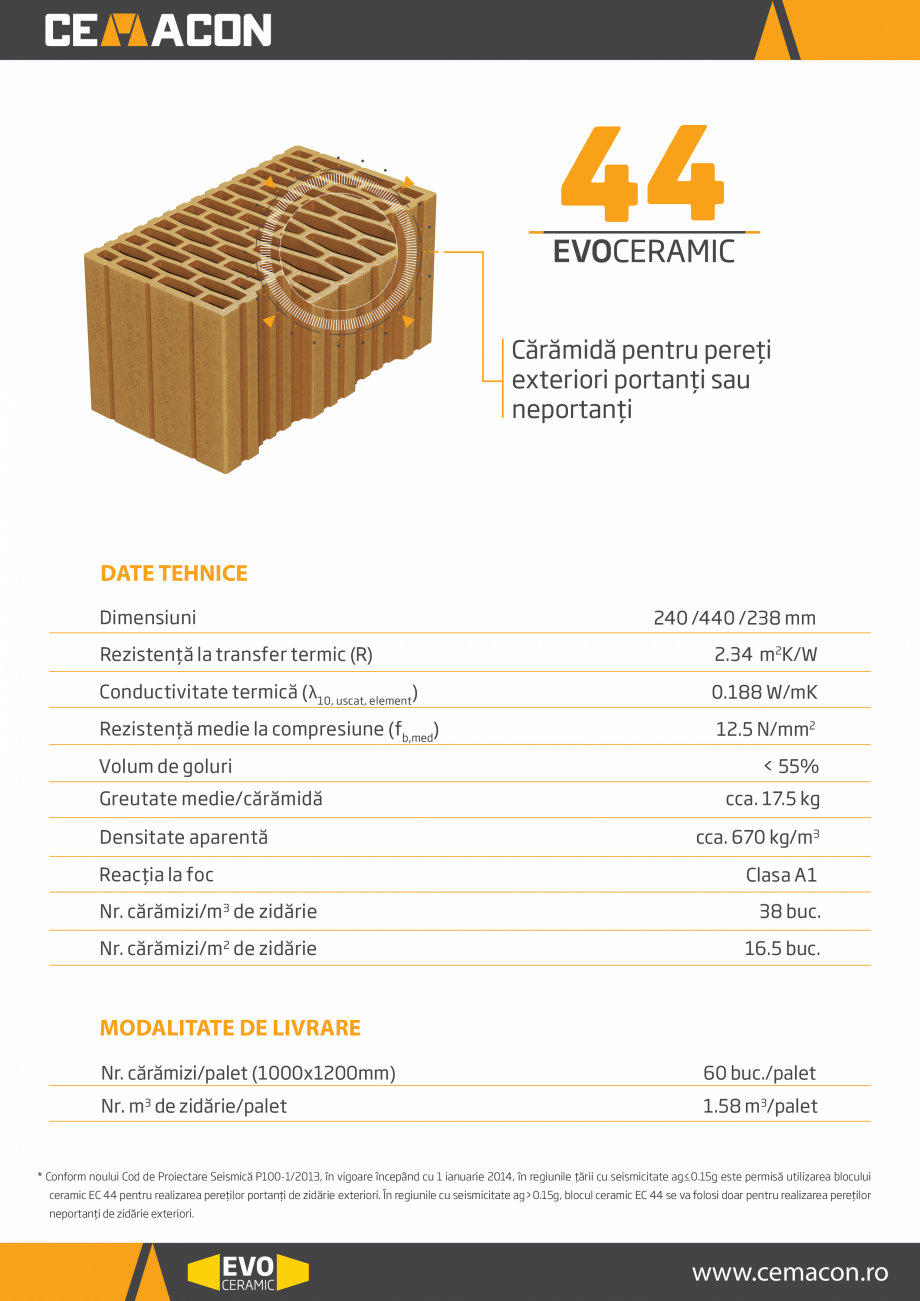 Pagina 1-Caramida pentru pereti exteriori portanti sau neportanti  CEMACON EVOCERAMIC EC 44 Fisa tehnica...