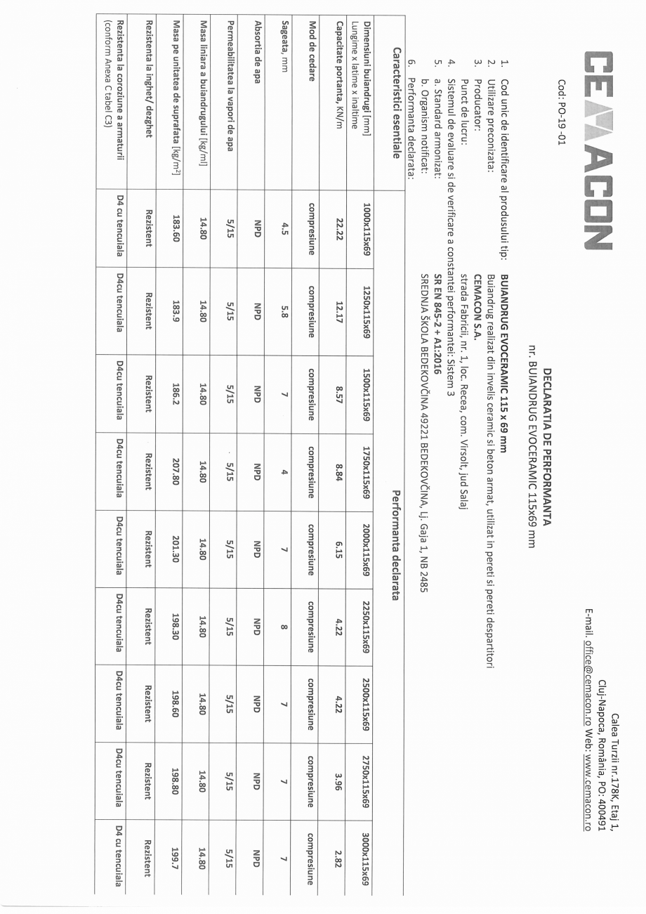 Pagina 1 - Declaratie de performanta buiandrug 115 x 69 mm CEMACON Certificare produs Romana 