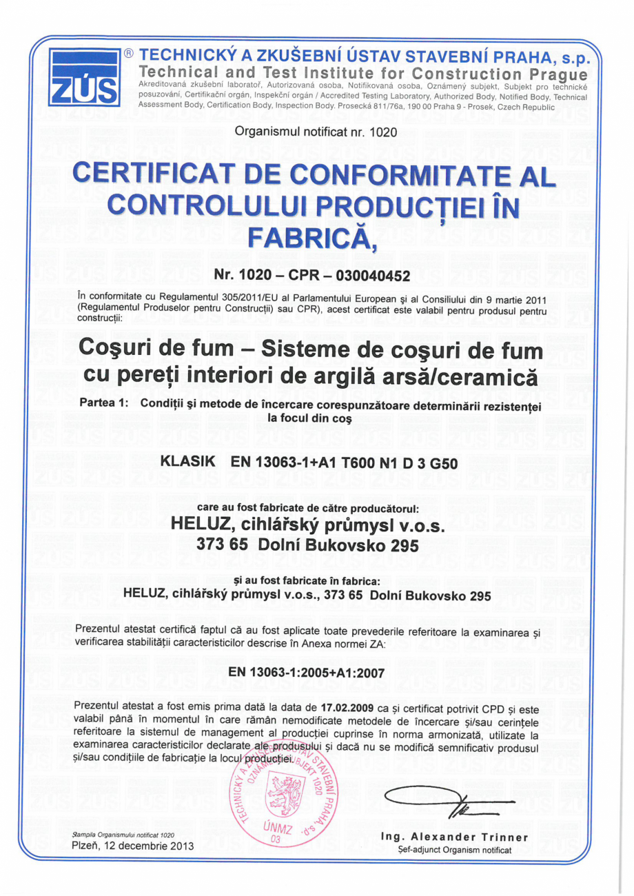 Pagina 1-Certificat de conformitate al productiei in fabrica cos de fum HELUZ Certificare produs Romana 