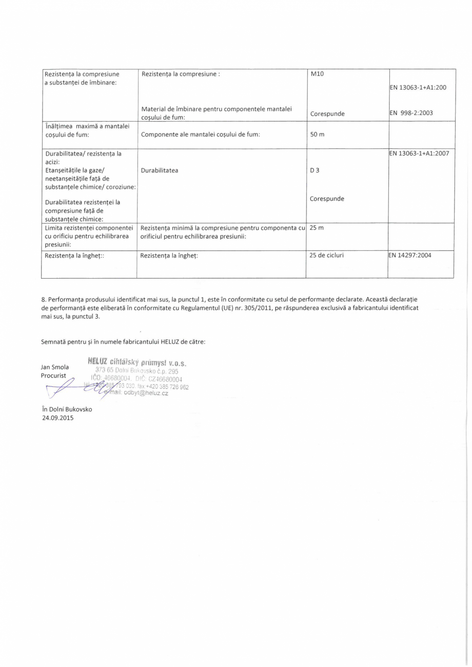 Pagina 2-Declaratie de performanta cos de fum HELUZ Certificare produs Romana 