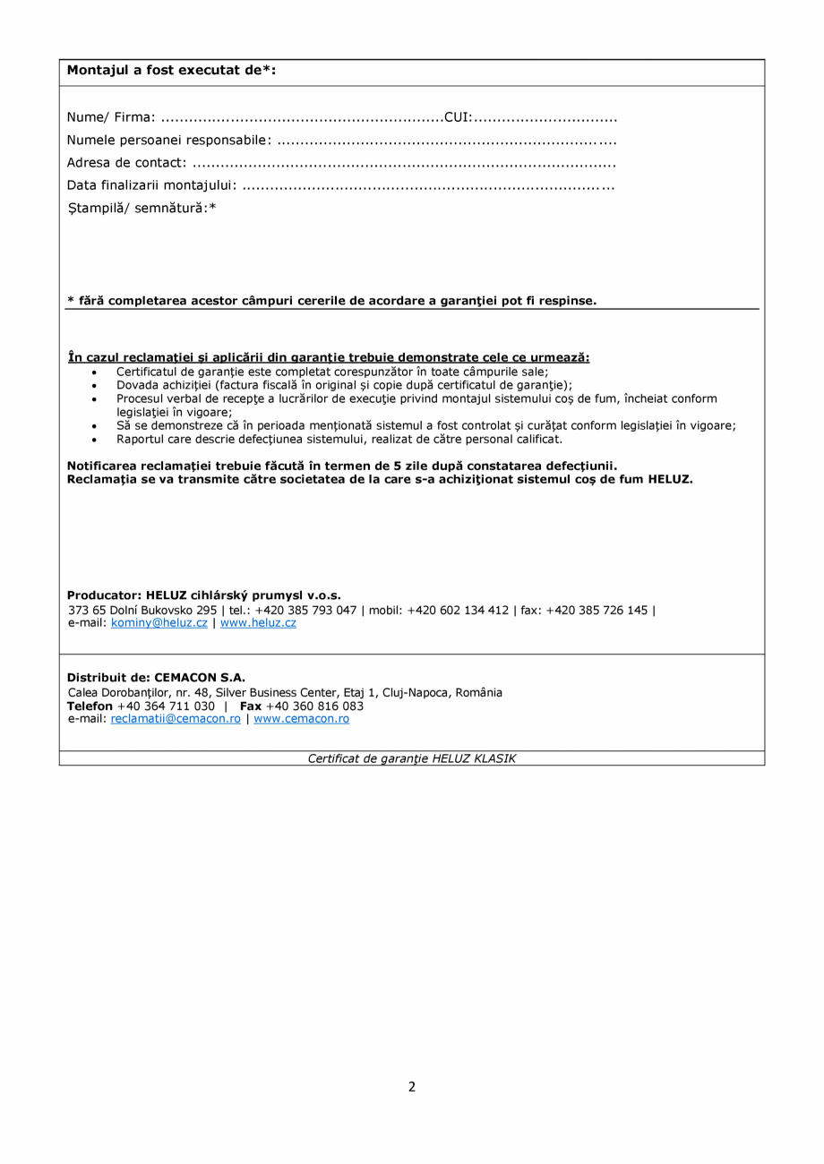 Certificat garantie de fum HELUZ Certificare Romana