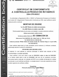 Certificat de conformitate a controlului productiei in fabrica pentru mortare 2022