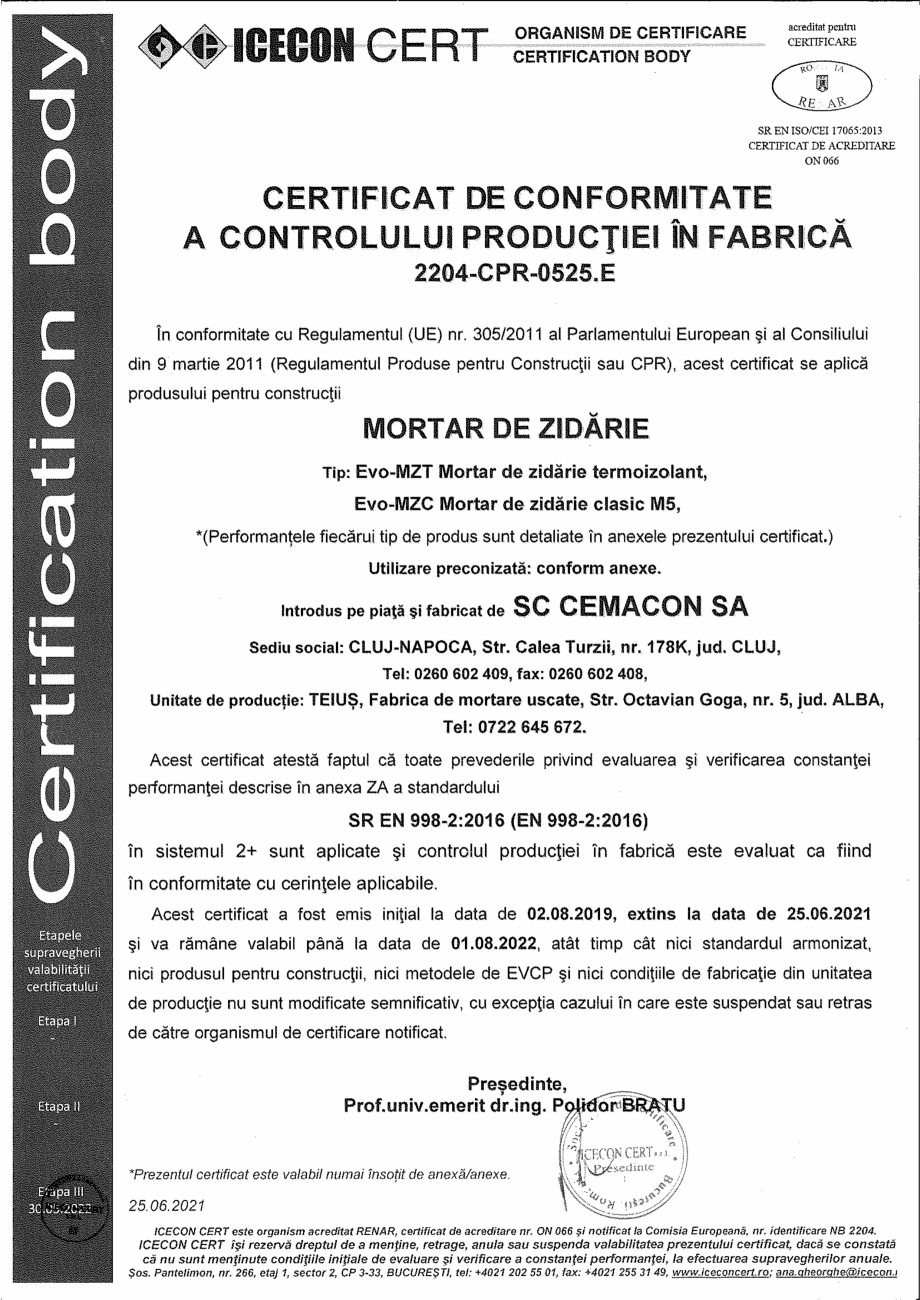Pagina 1-Certificat de conformitate a controlului productiei in fabrica pentru mortare 2022 CEMACON EVO - MZC...