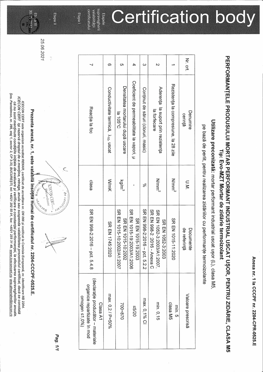 Pagina 2-Certificat de conformitate a controlului productiei in fabrica pentru mortare 2022 CEMACON EVO - MZC...