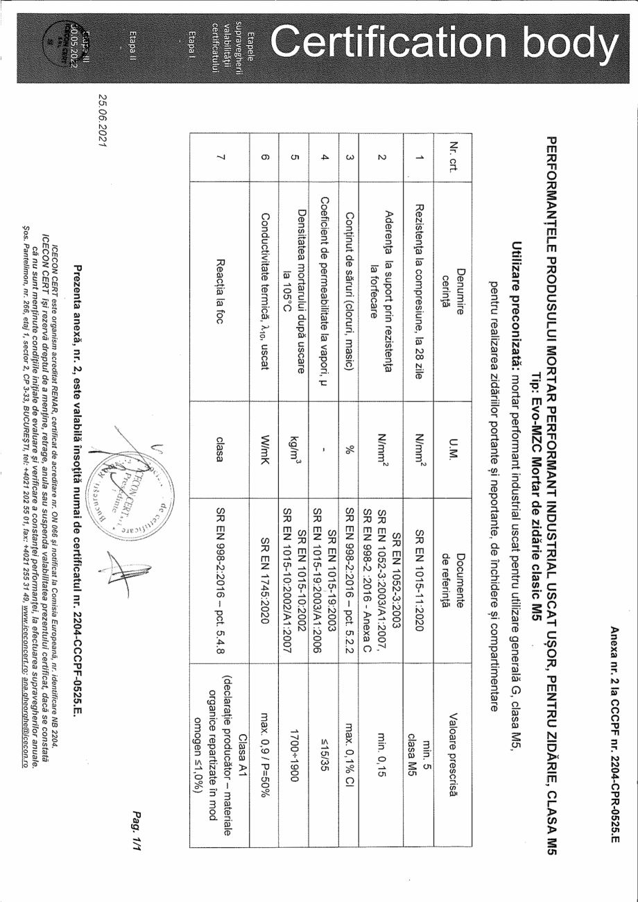 Pagina 3-Certificat de conformitate a controlului productiei in fabrica pentru mortare 2022 CEMACON EVO - MZC...