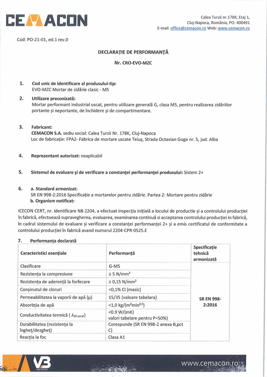 Pagina 1-Declaratie de performanta conformitate CEMACON EVO - MZC Certificare produs Romana 