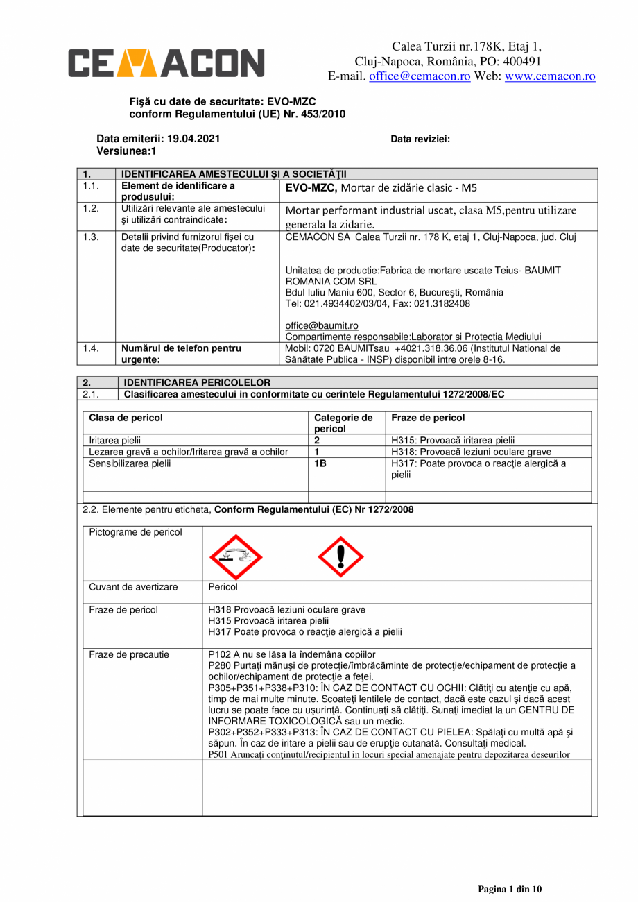 Pagina 1-Fisa cu date de securitate - Mortar de zidarie clasic - M5 CEMACON EVO - MZC Fisa tehnica Romana...