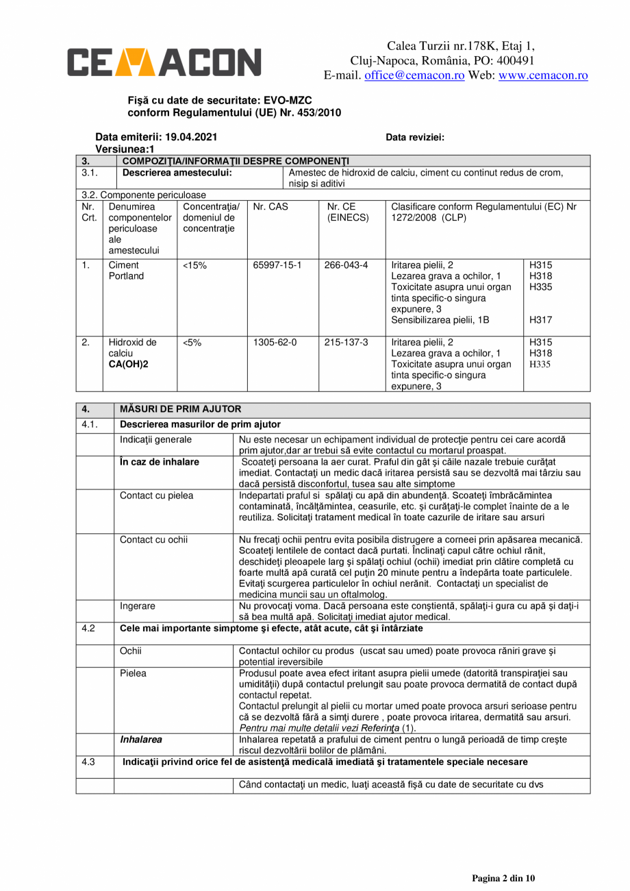 Pagina 2-Fisa cu date de securitate - Mortar de zidarie clasic - M5 CEMACON EVO - MZC Fisa tehnica Romana...