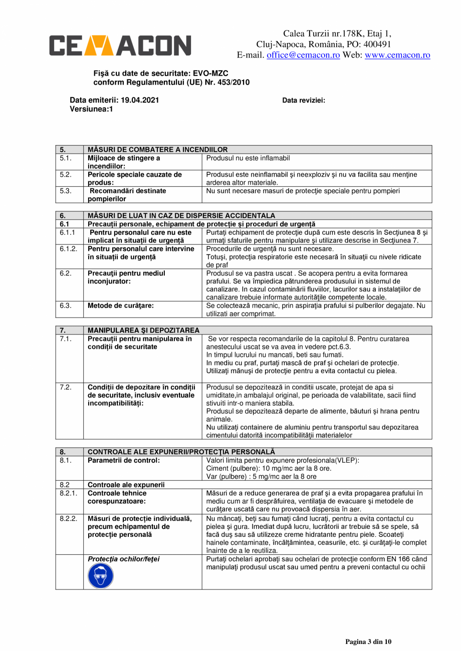 Pagina 3-Fisa cu date de securitate - Mortar de zidarie clasic - M5 CEMACON EVO - MZC Fisa tehnica Romana cu ...
