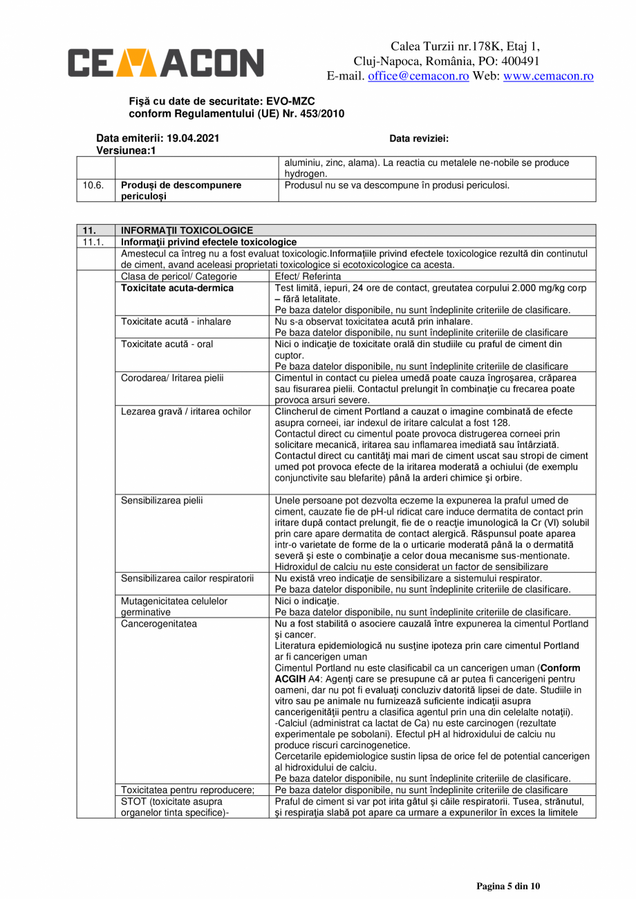 Pagina 5-Fisa cu date de securitate - Mortar de zidarie clasic - M5 CEMACON EVO - MZC Fisa tehnica Romana...