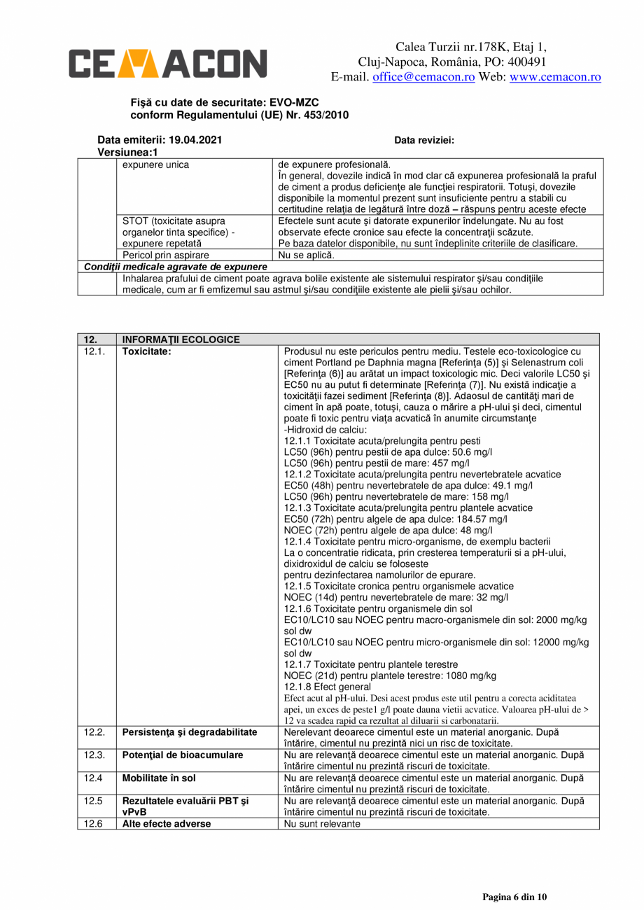 Pagina 6-Fisa cu date de securitate - Mortar de zidarie clasic - M5 CEMACON EVO - MZC Fisa tehnica Romana...