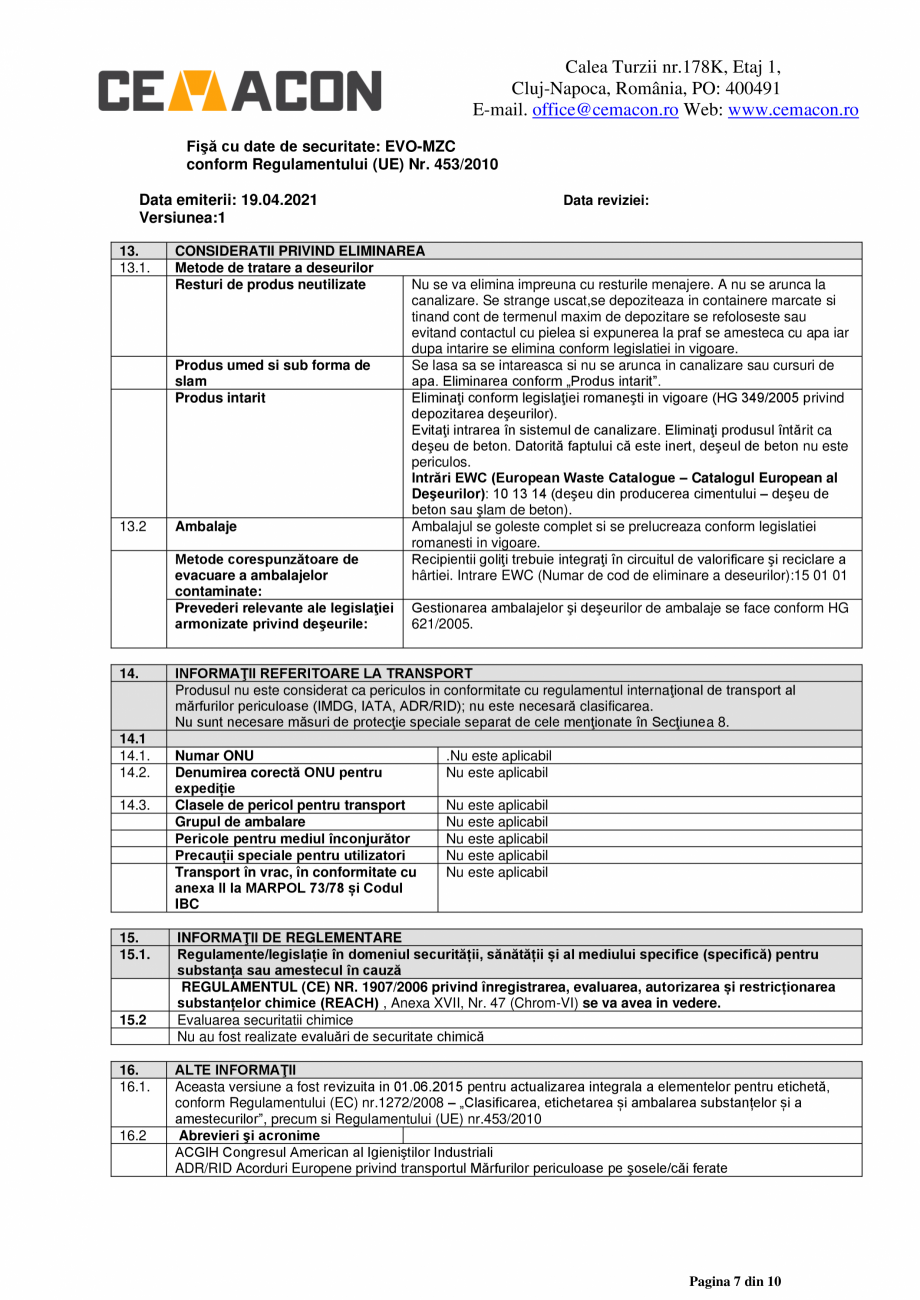 Pagina 7-Fisa cu date de securitate - Mortar de zidarie clasic - M5 CEMACON EVO - MZC Fisa tehnica Romana ă ...