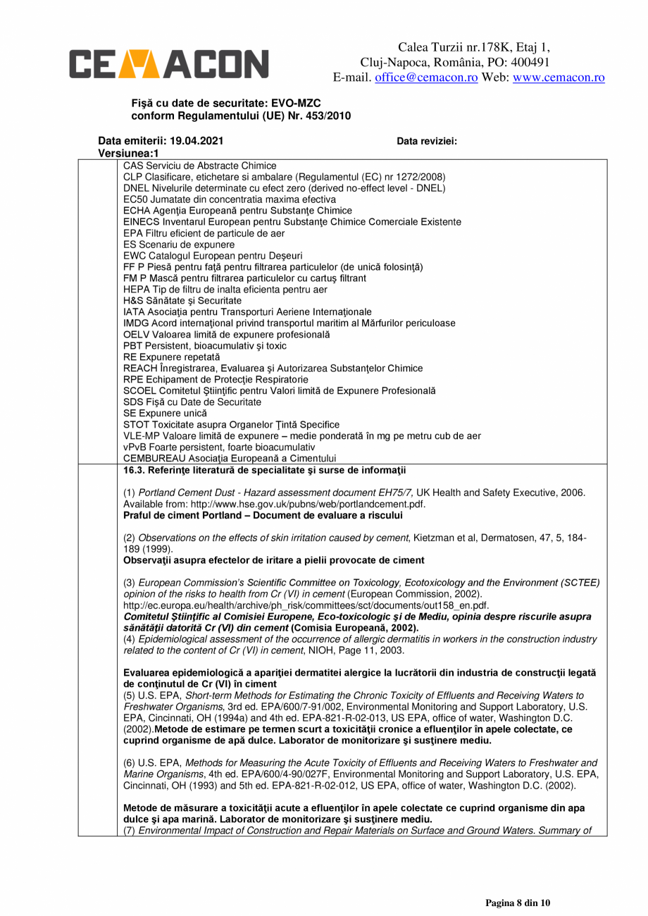Pagina 8-Fisa cu date de securitate - Mortar de zidarie clasic - M5 CEMACON EVO - MZC Fisa tehnica Romana...