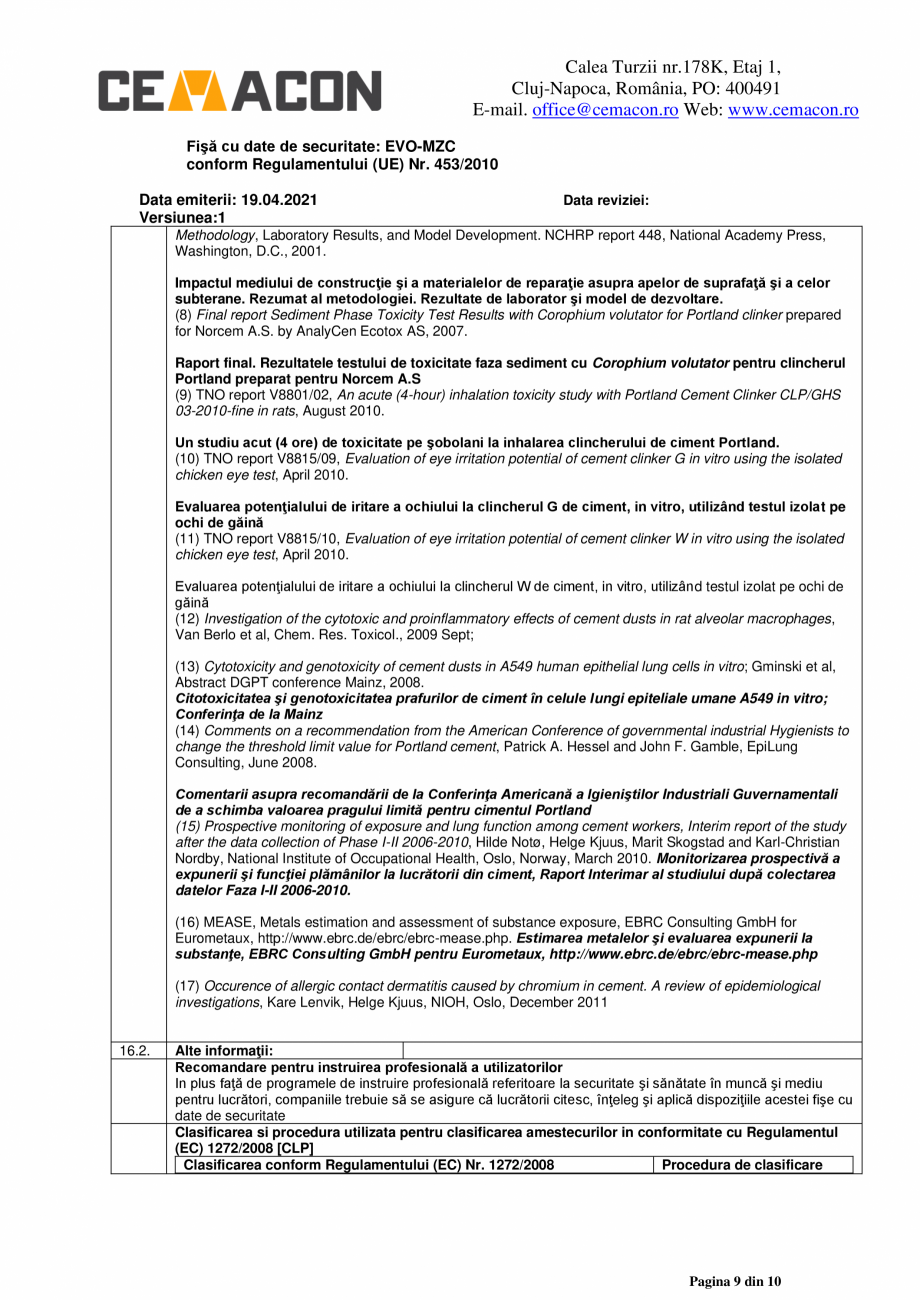 Pagina 9-Fisa cu date de securitate - Mortar de zidarie clasic - M5 CEMACON EVO - MZC Fisa tehnica Romana ALE...