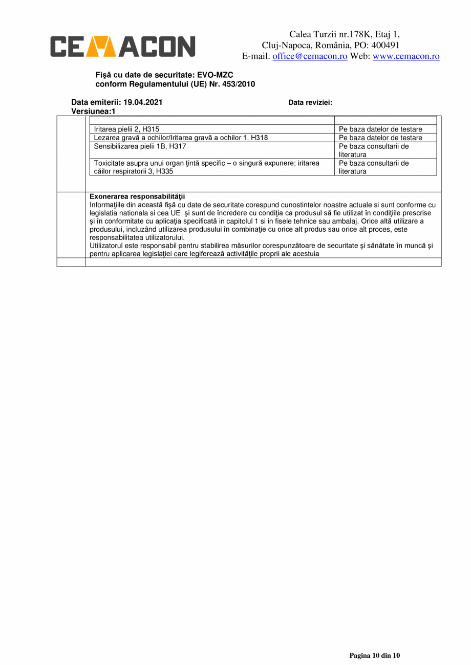 Pagina 10-Fisa cu date de securitate - Mortar de zidarie clasic - M5 CEMACON EVO - MZC Fisa tehnica Romana ...