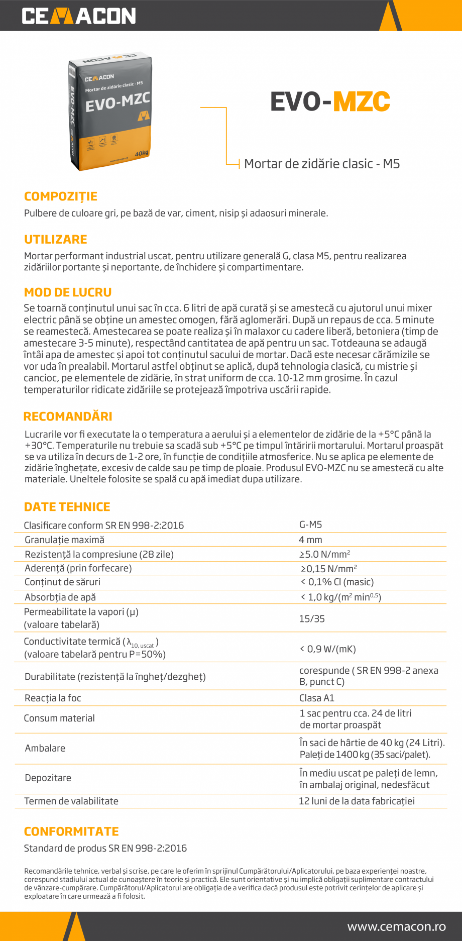 Pagina 1-Mortar de zidarie clasic - M5 CEMACON EVO - MZC Fisa tehnica Romana EVO-MZC
Mortar de zidărie...