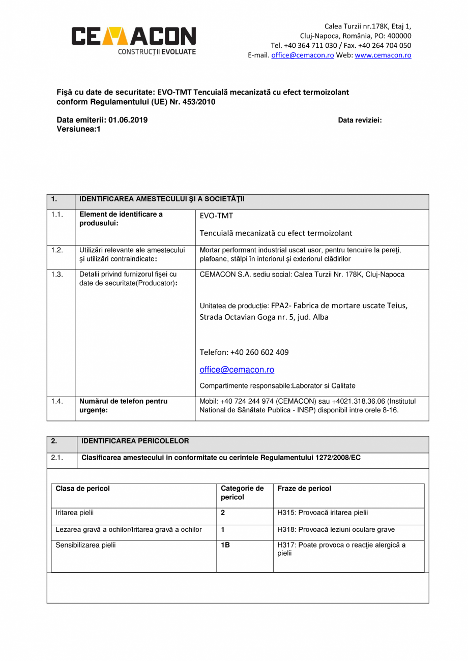 Pagina 1-Fisa cu date de securitate - EVO TMT CEMACON EVO - TMT Fisa tehnica Romana Calea Turzii nr.178K,...