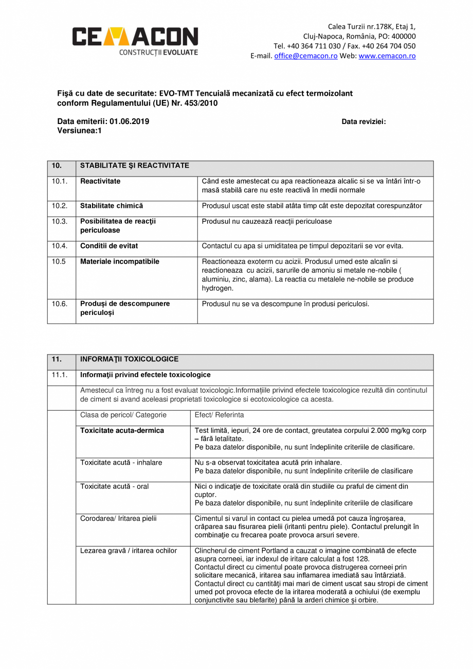 Pagina 7-Fisa cu date de securitate - EVO TMT CEMACON EVO - TMT Fisa tehnica Romana iritarea, dermatită sau ...