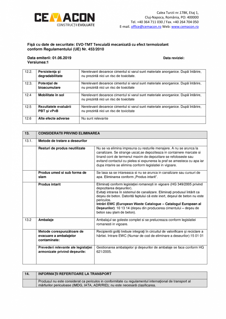 Pagina 10-Fisa cu date de securitate - EVO TMT CEMACON EVO - TMT Fisa tehnica Romana ii uscate, protejat de...