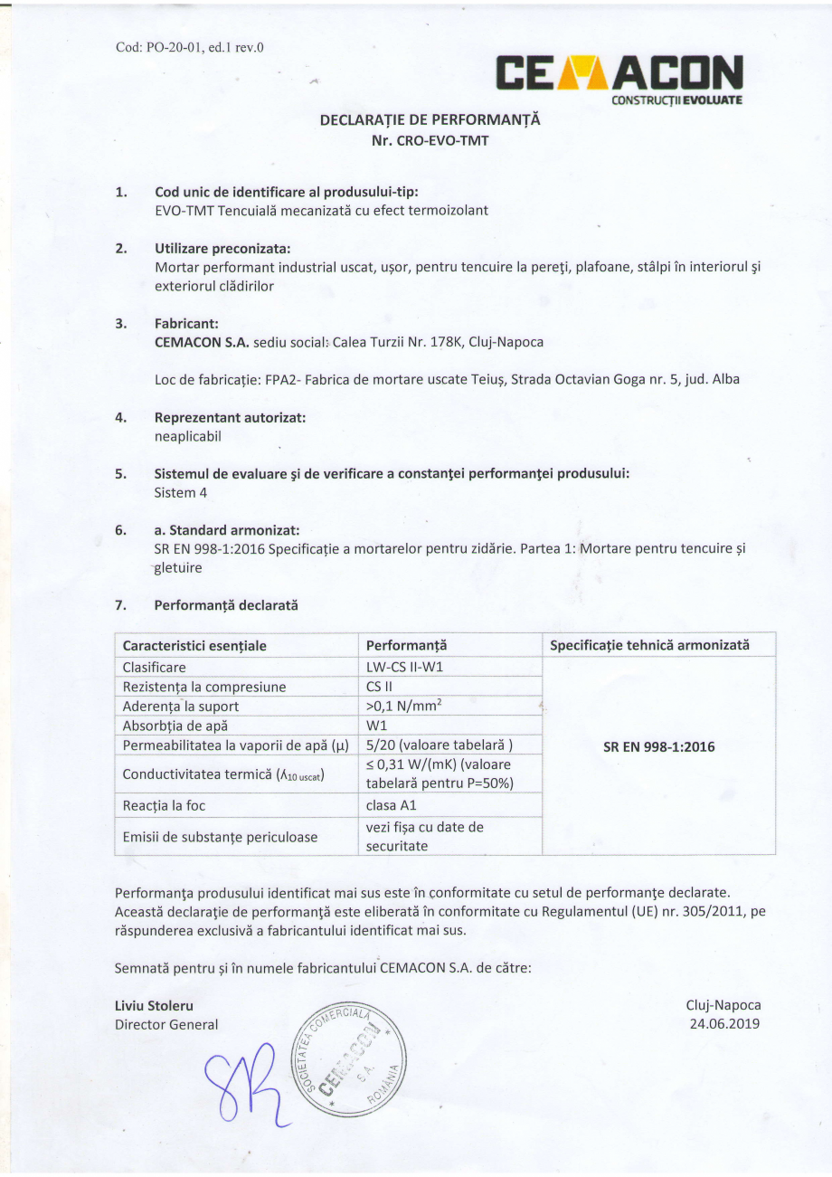 Pagina 1-Declaratie de performanta conformitate CEMACON EVO - TMT Certificare produs Romana Cod: PO-20-01, ed...