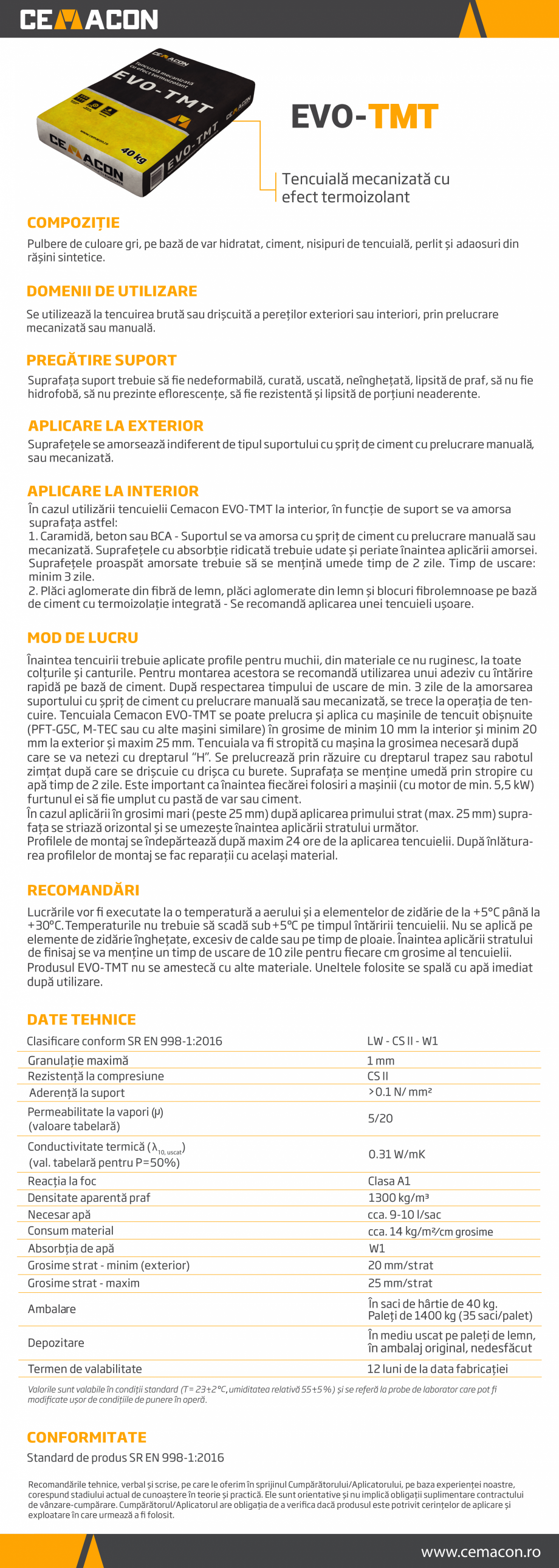 Pagina 1-Tencuiala mecanizata cu efect termoizolant  CEMACON EVO - TMT Fisa tehnica Romana EVO-TMT
Tencuială...