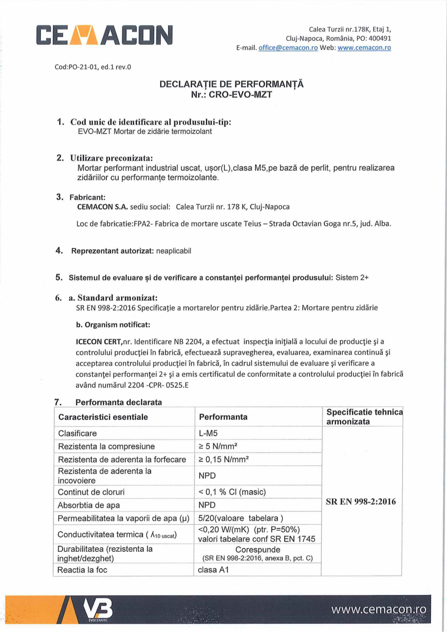 Pagina 1-Declaratie de Performanta EVO-MZT CEMACON EVO - MZT Fisa tehnica Romana 