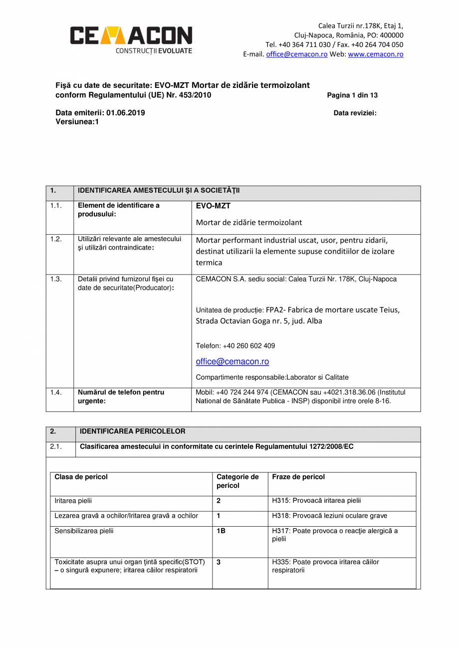 Pagina 1-Fisa cu date de securitate - EVO MZT CEMACON EVO - MZT Fisa tehnica Romana Calea Turzii nr.178K,...
