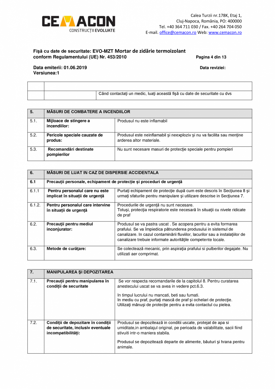 Pagina 4-Fisa cu date de securitate - EVO MZT CEMACON EVO - MZT Fisa tehnica Romana z de iritare a pielii sau...