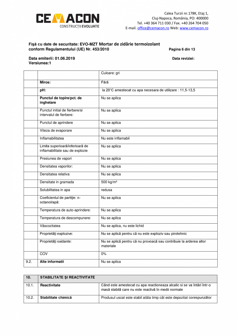 Pagina 6-Fisa cu date de securitate - EVO MZT CEMACON EVO - MZT Fisa tehnica Romana toate cazurile de iritare...