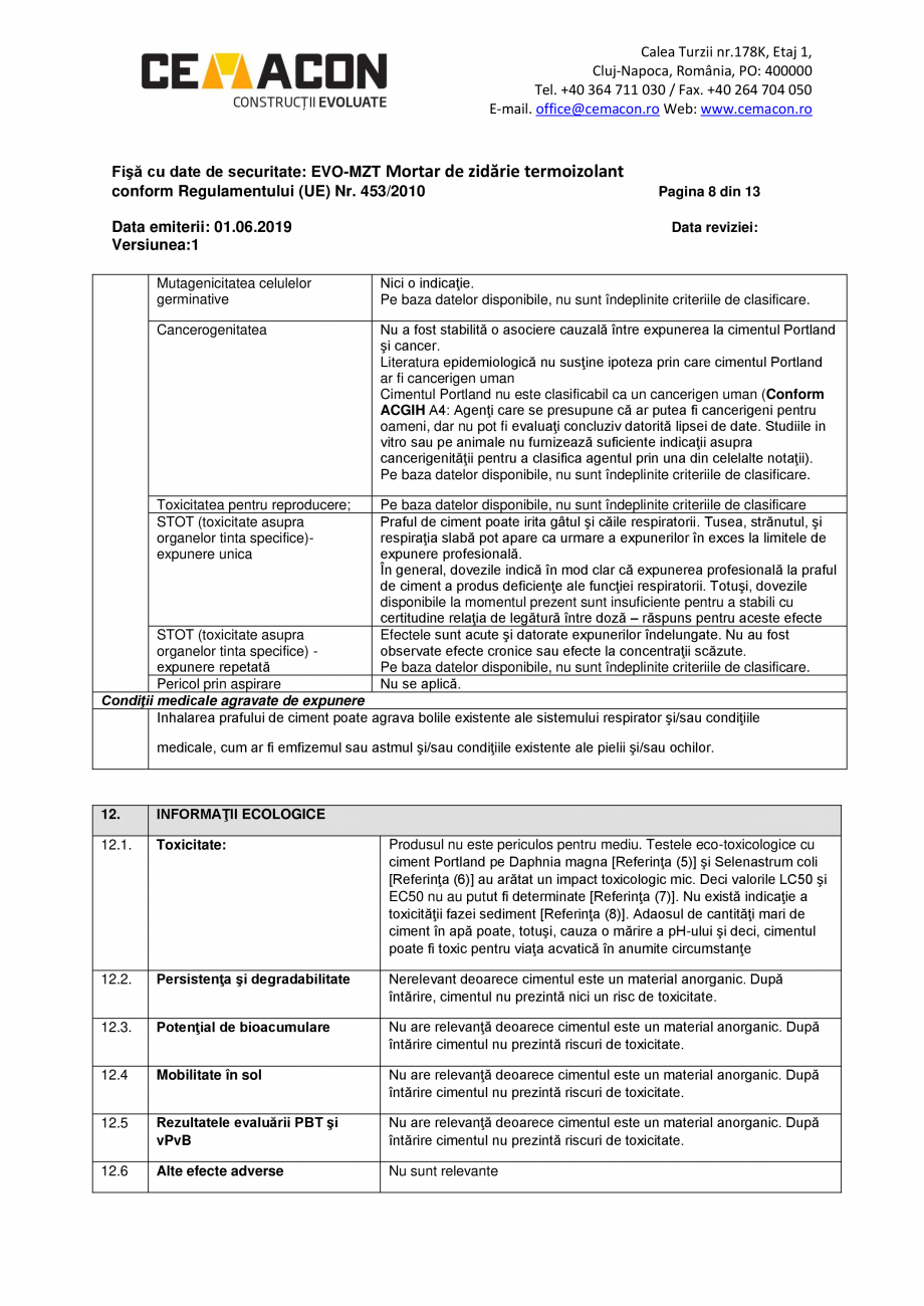Pagina 8-Fisa cu date de securitate - EVO MZT CEMACON EVO - MZT Fisa tehnica Romana ce de stingere a...