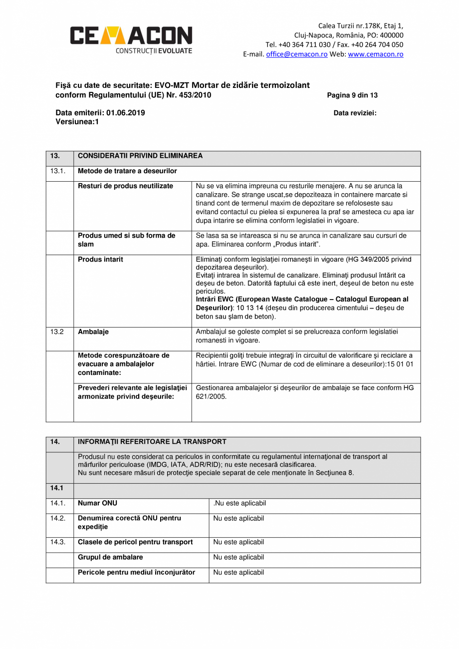Pagina 9-Fisa cu date de securitate - EVO MZT CEMACON EVO - MZT Fisa tehnica Romana a împiedica pătrunderea...