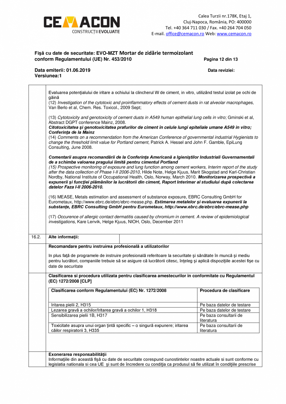 Pagina 12-Fisa cu date de securitate - EVO MZT CEMACON EVO - MZT Fisa tehnica Romana intră produs umed în...