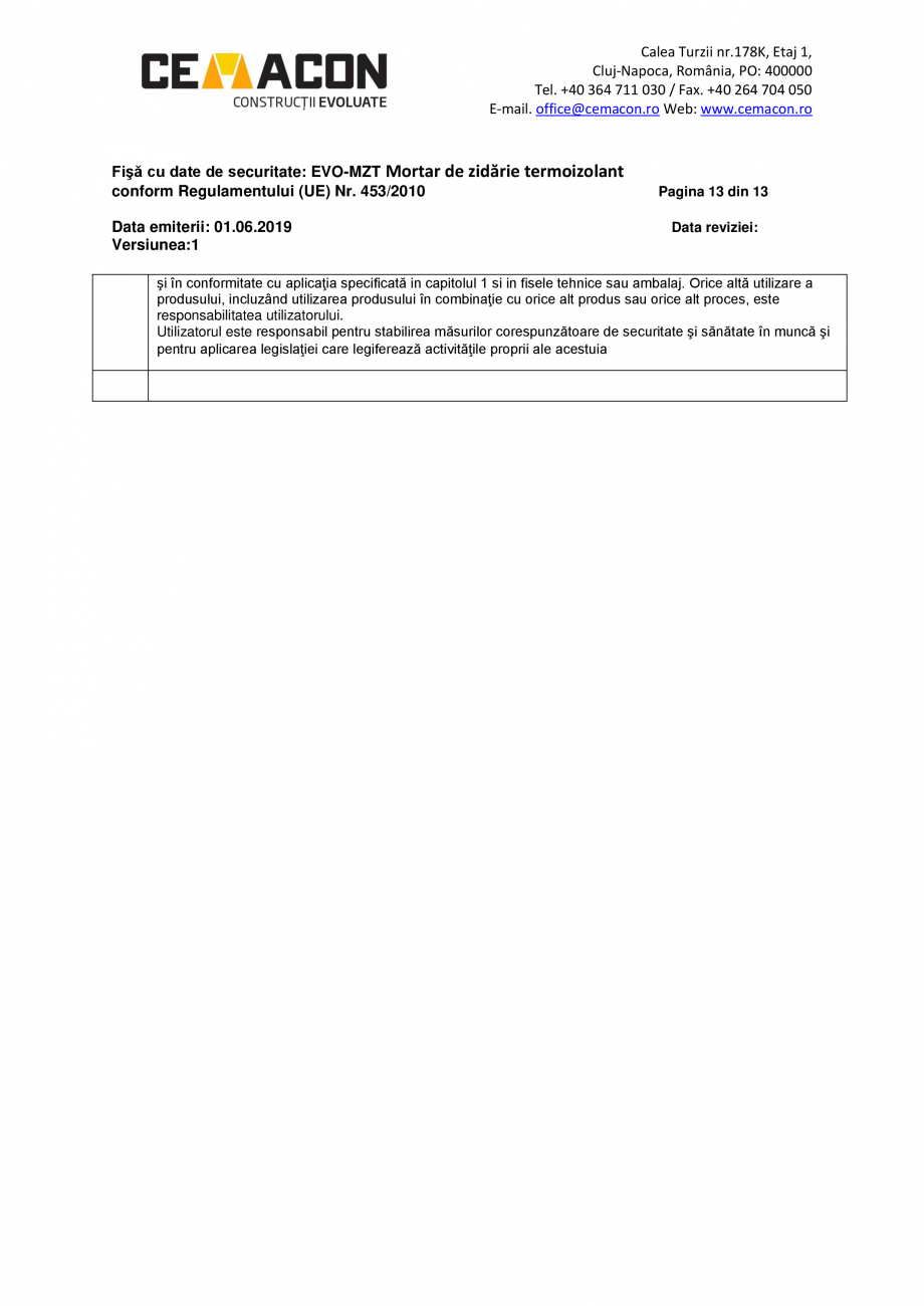 Pagina 13-Fisa cu date de securitate - EVO MZT CEMACON EVO - MZT Fisa tehnica Romana mail. office@cemacon.ro...