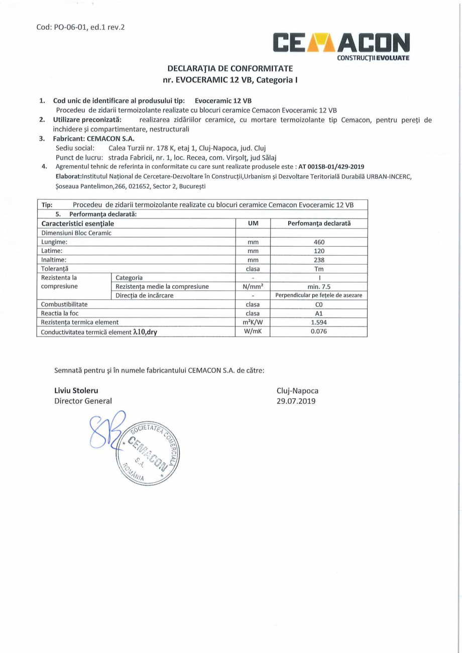 Pagina 1-Declaratie de conformitate, categoria 1 CEMACON EVOCERAMIC 12 VB Certificare produs Romana 