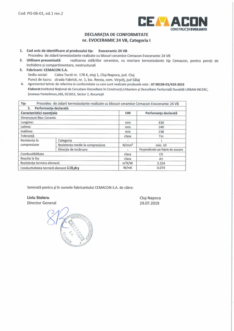 Pagina 1-Declaratie de conformitate, categoria 1 CEMACON EVOCERAMIC 24 VB Certificare produs Romana 