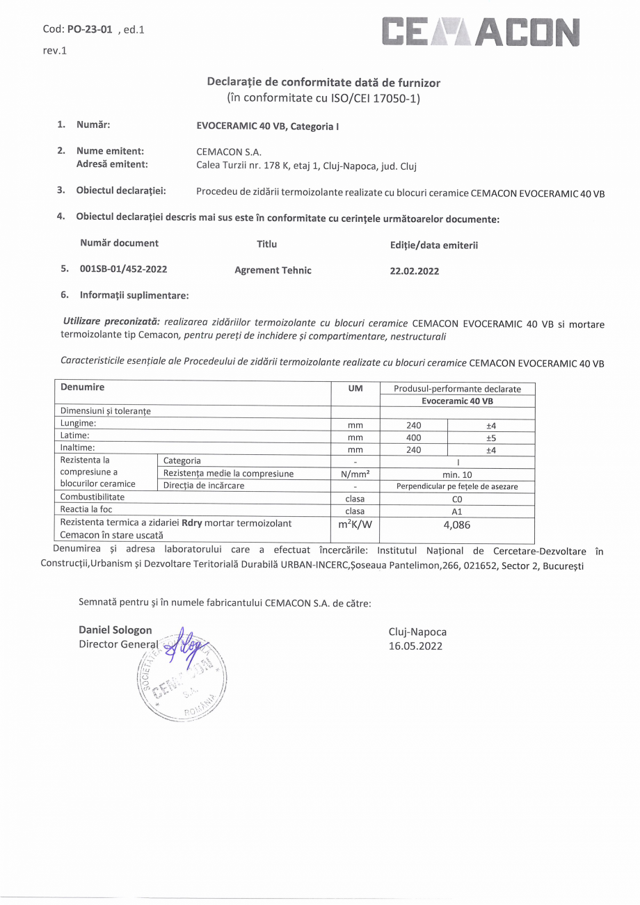Pagina 1-Declaratia de conformitate EC 40 VB cat. I CEMACON EVOCERAMIC 40 VB Certificare produs Romana 