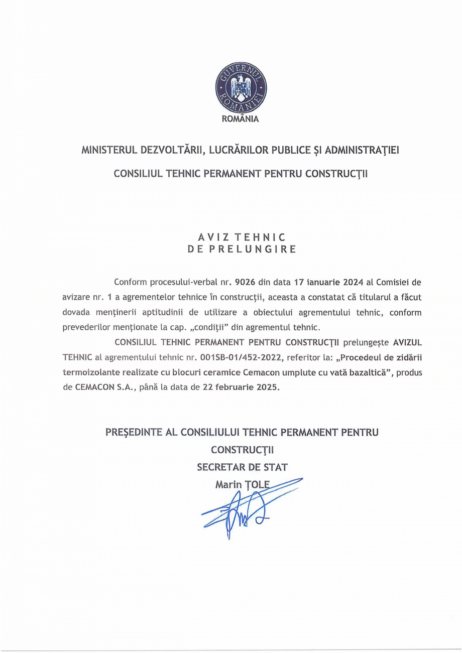 Pagina 1-Agrement tehnic nr.001SB-01-452-2022 si aviz tehnic valabil pana in 22.02.2025 CEMACON EVOCERAMIC 40...