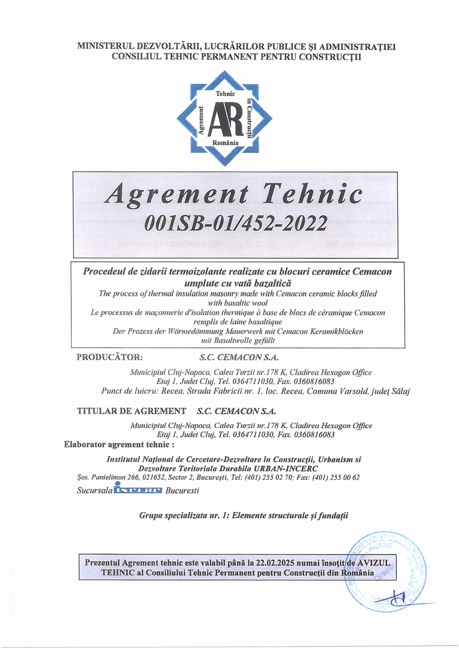 Pagina 2-Agrement tehnic nr.001SB-01-452-2022 si aviz tehnic valabil pana in 22.02.2025 CEMACON EVOCERAMIC 40...