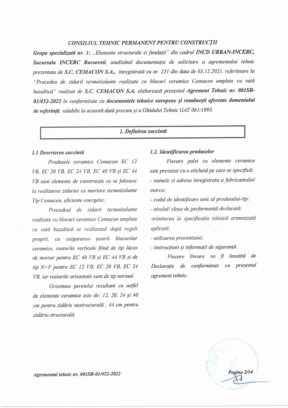 Pagina 3-Agrement tehnic nr.001SB-01-452-2022 si aviz tehnic valabil pana in 22.02.2025 CEMACON EVOCERAMIC 40...