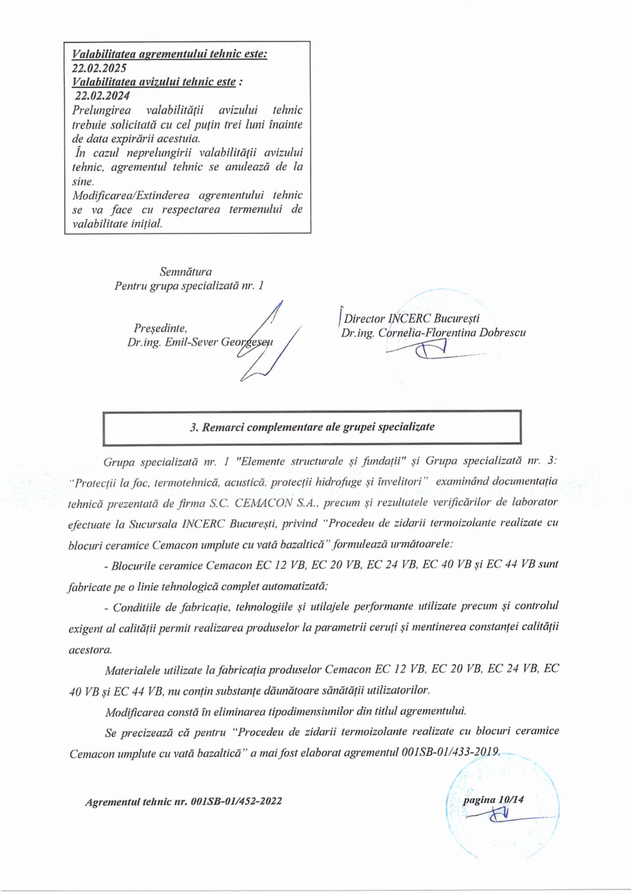 Pagina 11-Agrement tehnic nr.001SB-01-452-2022 si aviz tehnic valabil pana in 22.02.2025 CEMACON EVOCERAMIC 40...