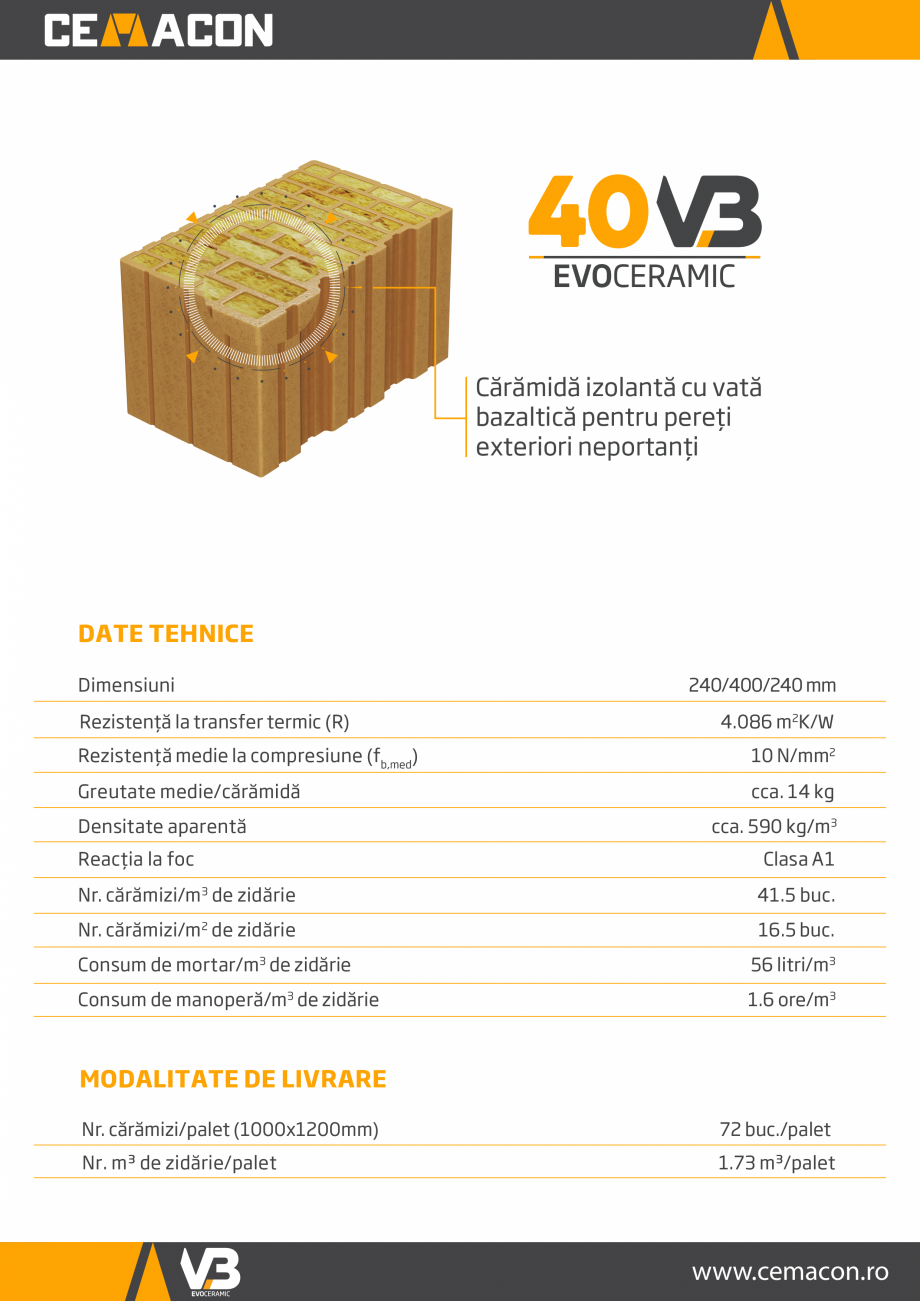 Pagina 1-Caramida izolanta cu vata bazaltica CEMACON EVOCERAMIC 40 VB Fisa tehnica Romana Cărămidă...