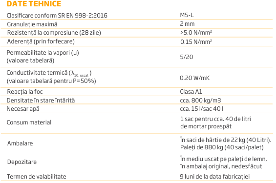 Schiță dimensiuni Mortar de zidărie termoizolant pentru pereti portanți de închidere și de compartimentare - EVO