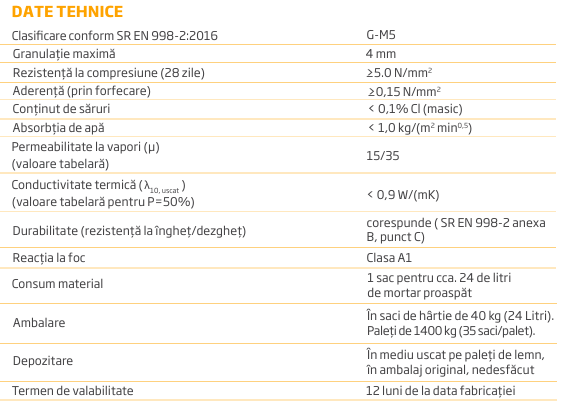 Schiță dimensiuni Mortar de zidărie clasic - M5, pentru pereți portanți și neportanți EVO - MZC