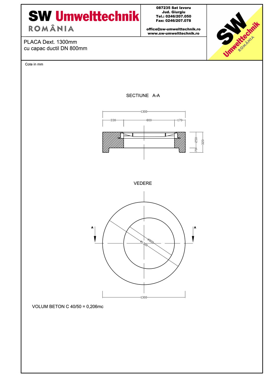 Pagina 1-CAD-PDF Placa Dext.1300 H250 cu capac ductil DN800 SW UMWELTTECHNIK Detaliu de produs 