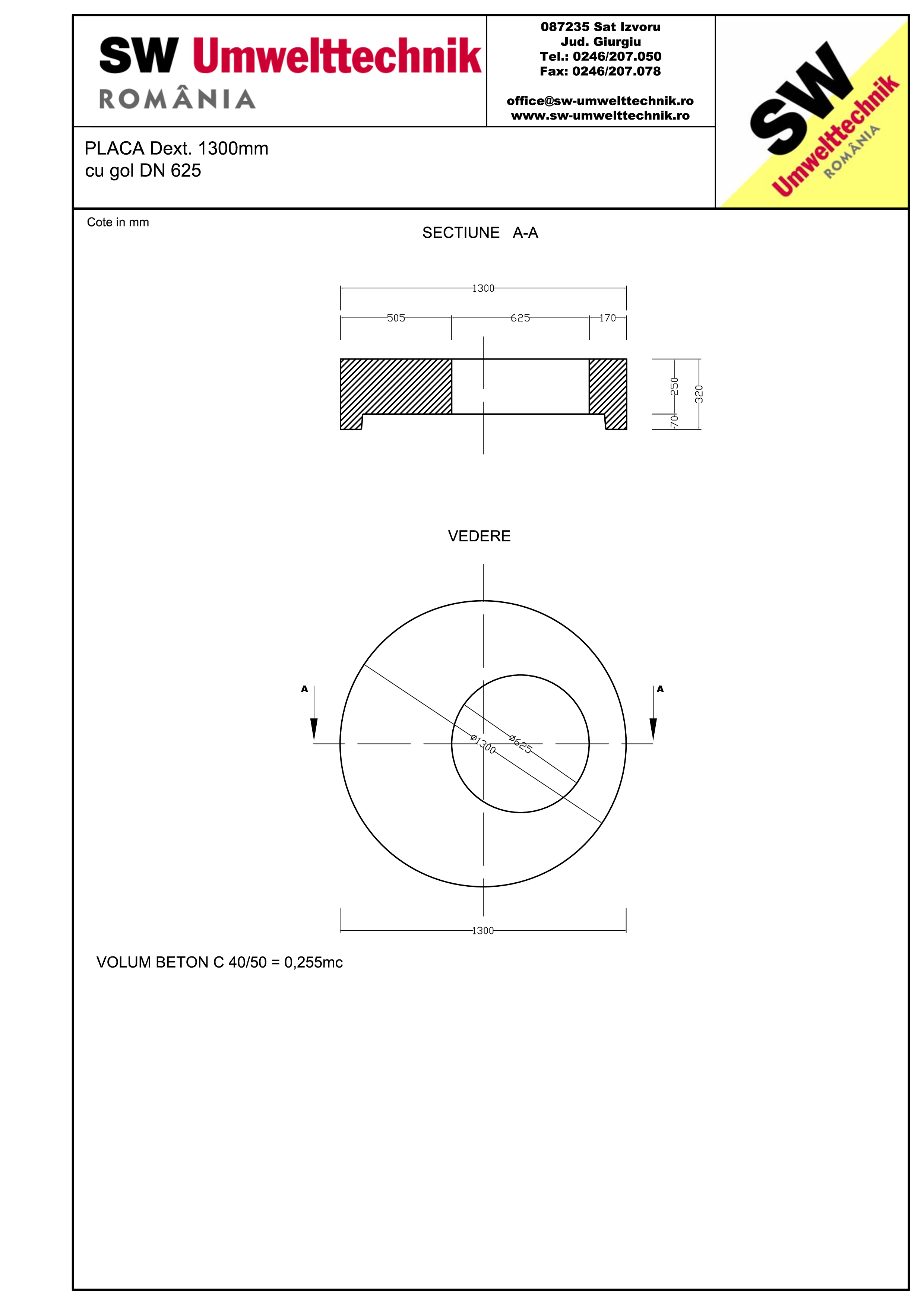 Pagina 1 - CAD-PDF Placa Dext.1300 H250 cu gol DN625 SW UMWELTTECHNIK Detaliu de produs 