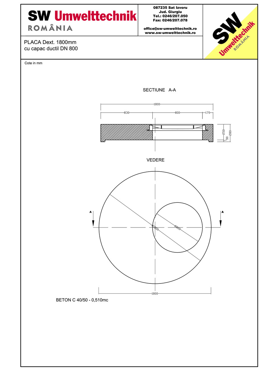 Pagina 1-CAD-PDF Placa Dext.1800 H250 cu capac ductil DN800 SW UMWELTTECHNIK Detaliu de produs 