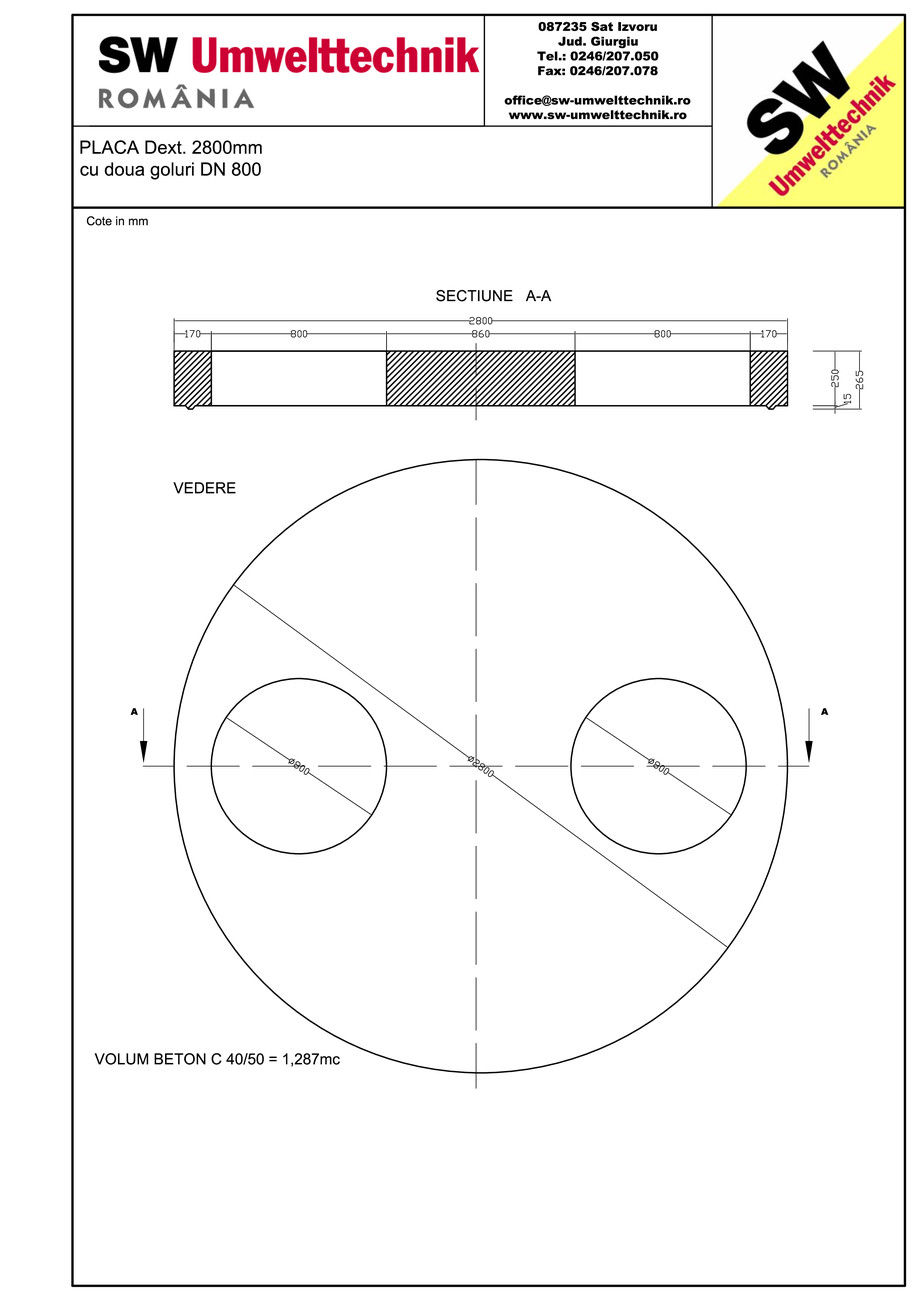 Pagina 1-CAD-PDF Placa Dext. 2800 H250 cu doua goluri DN800 SW UMWELTTECHNIK Detaliu de produs 