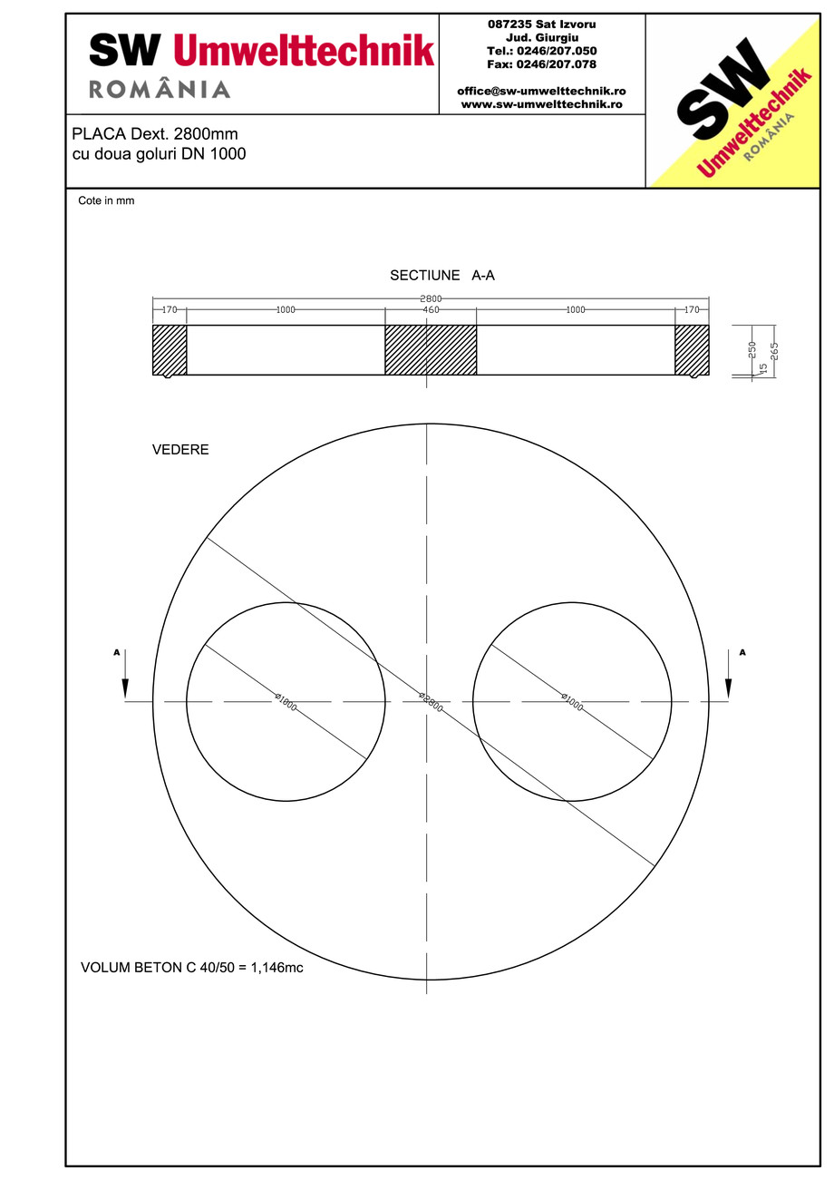 Pagina 1-CAD-PDF Placa Dext. 2800 H250 cu doua goluri DN1000 SW UMWELTTECHNIK Detaliu de produs 
