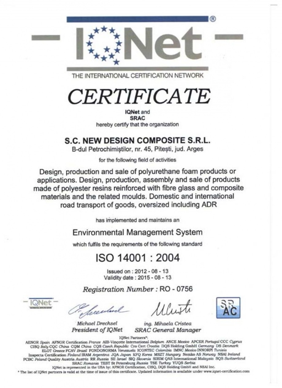 Pagina 1 - Certificat ISO 14001-2004 NEW DESIGN COMPOSITE Certificare produs Engleza 