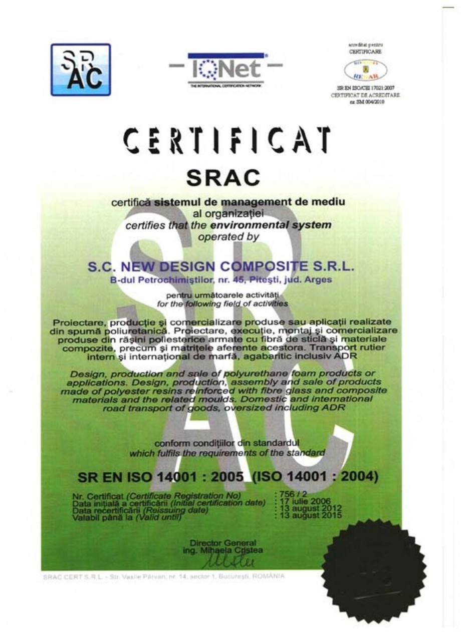 Pagina 1 - Certificat SR EN ISO 14001-2005 NEW DESIGN COMPOSITE Certificare produs Romana, Engleza 